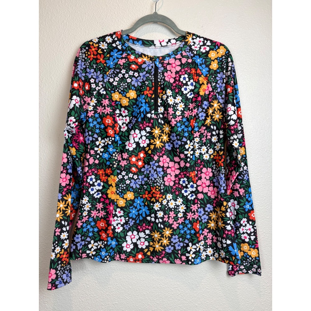 Woweny Womens Swim Top Floral Long Sleeve Rash Guard UPF 50+ Quarter Zip Large